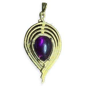 Vintage Gold Tone Purple Cabochon Teardrop Brooch Pendant Combination Necklace